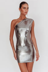 Glitter One-Shoulder Mini Dress Silver