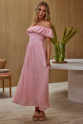 Serinah Basque Waist Off-Shoulder Maxi Dress Pink