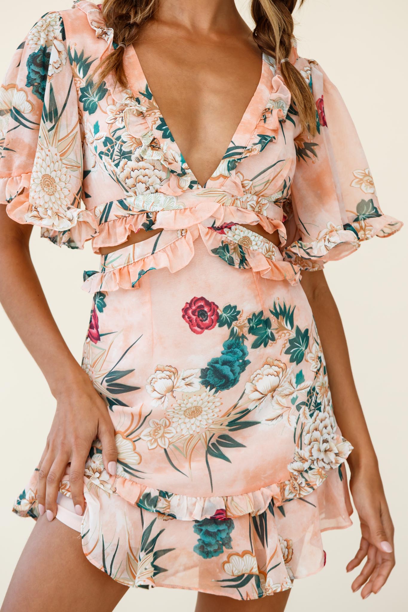 My Belle Cut-Out Detail Frill Accent Dress Floral Print Orange