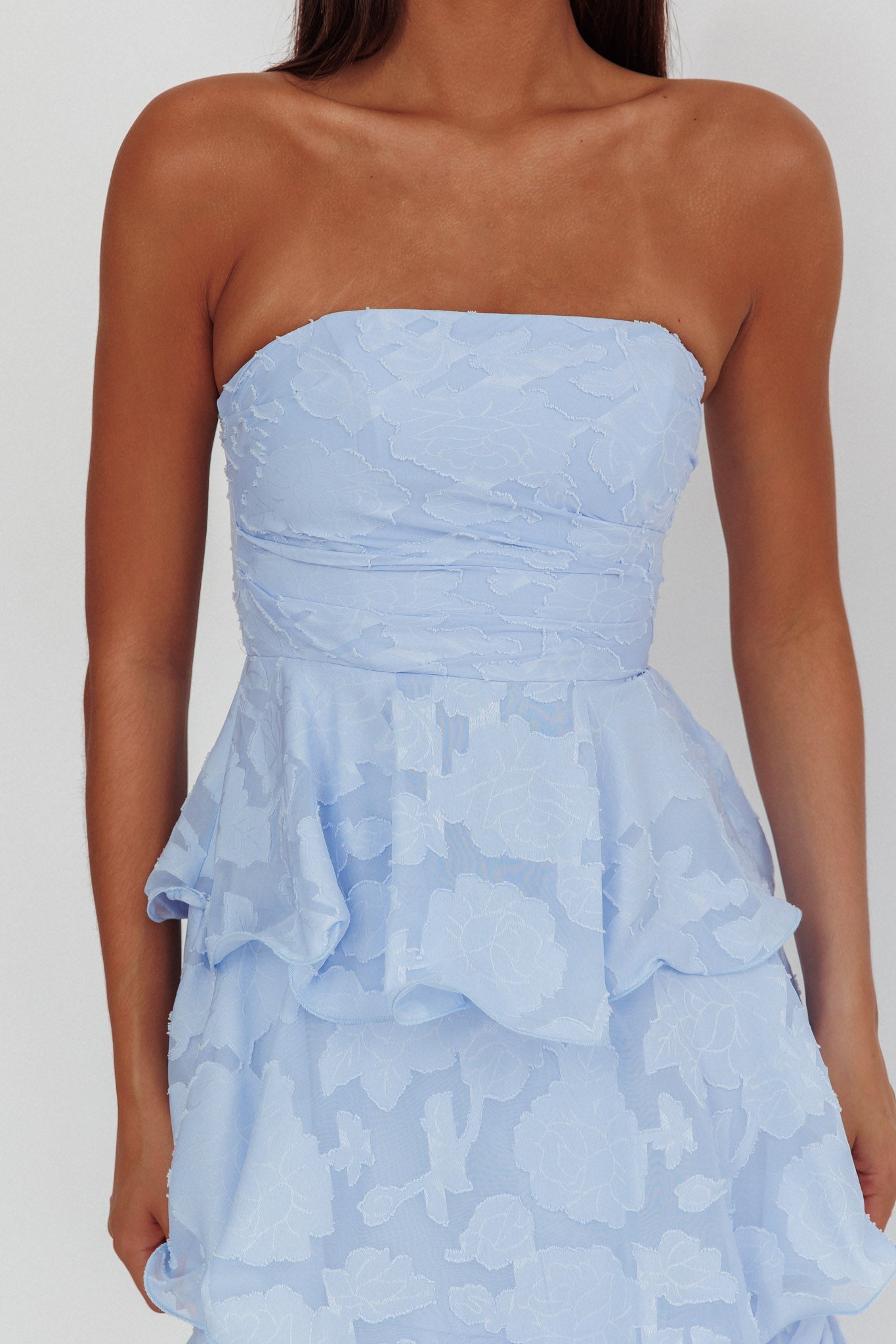 Giavana Strapless Layered Midi Dress Floral Embossed Blue